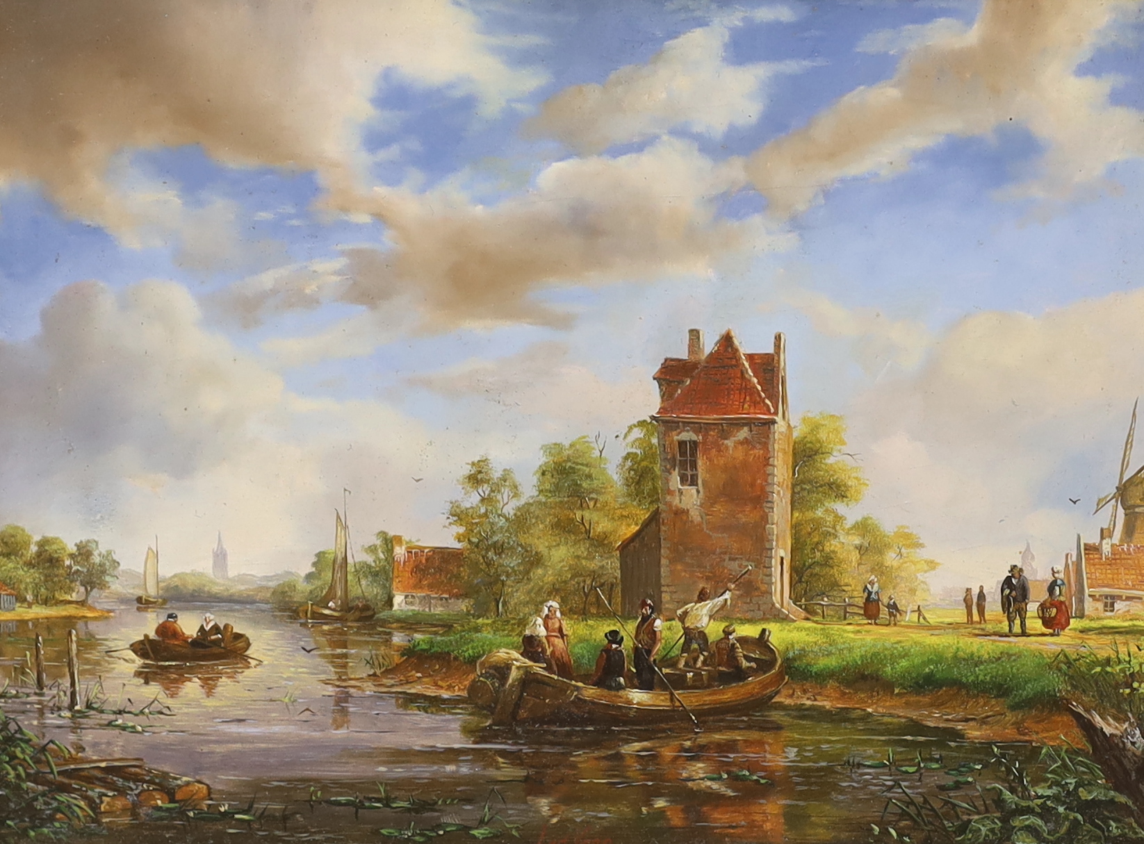 J. van der Veen, oil on board, Dutch Canal scene with figures on a ferry, 17 x 23cm, Provenance Phillips Chester 20/09/94